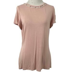 Nanette Lepore Short Sleeve Pearl Embellished Tshirt Feminine Women Pink Medium